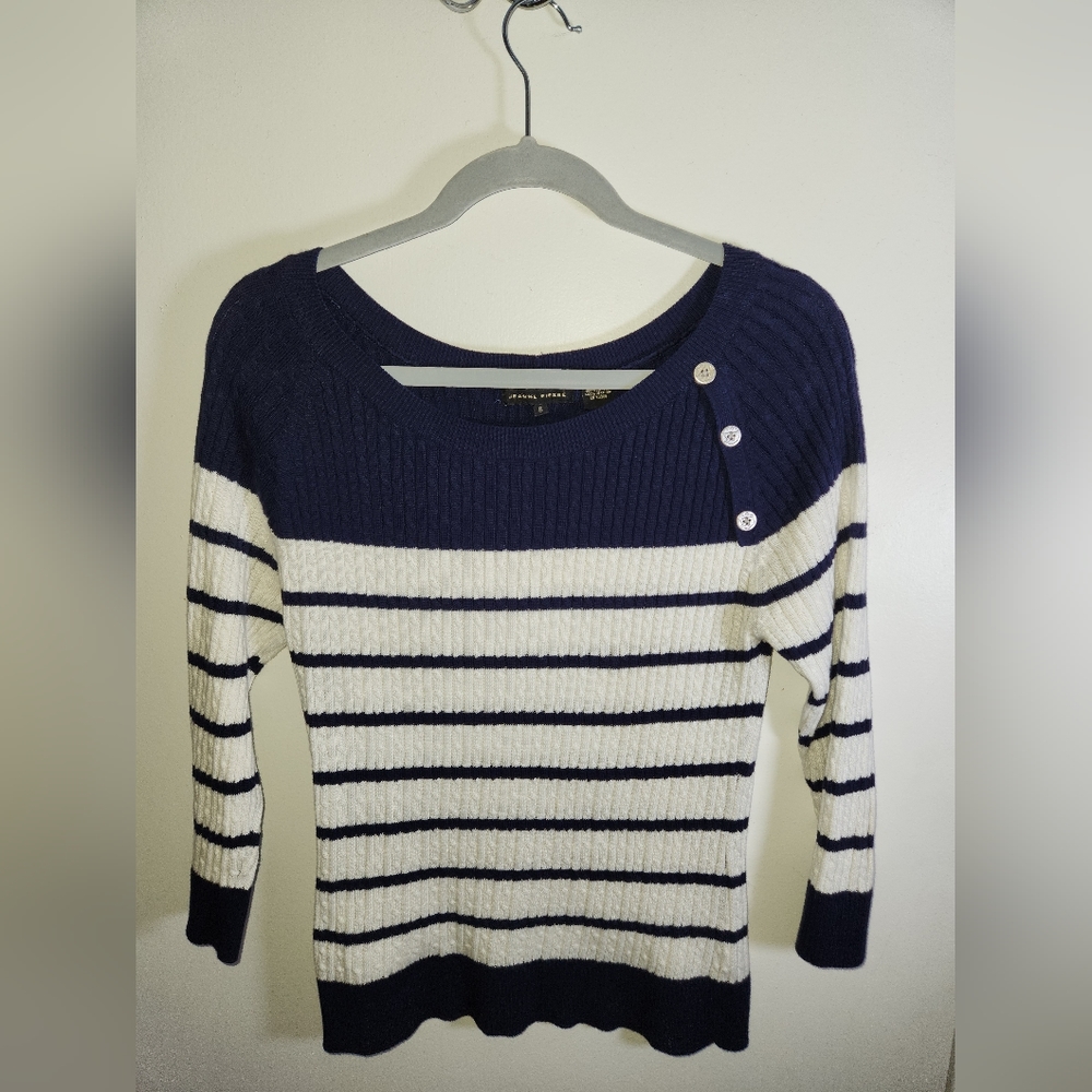 Jeanne Pierre Navy Blue White Striped Sweater Small